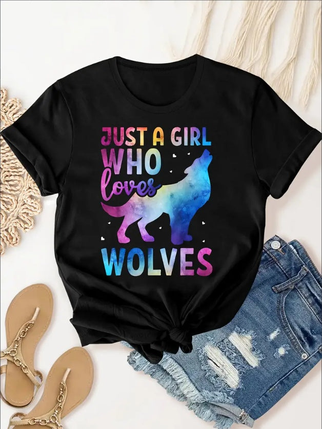 Women's Wolf Graphic Sports Tee, Short Sleeves Round Neck Casual Fitness T-Shirt Top For Running Activewear
